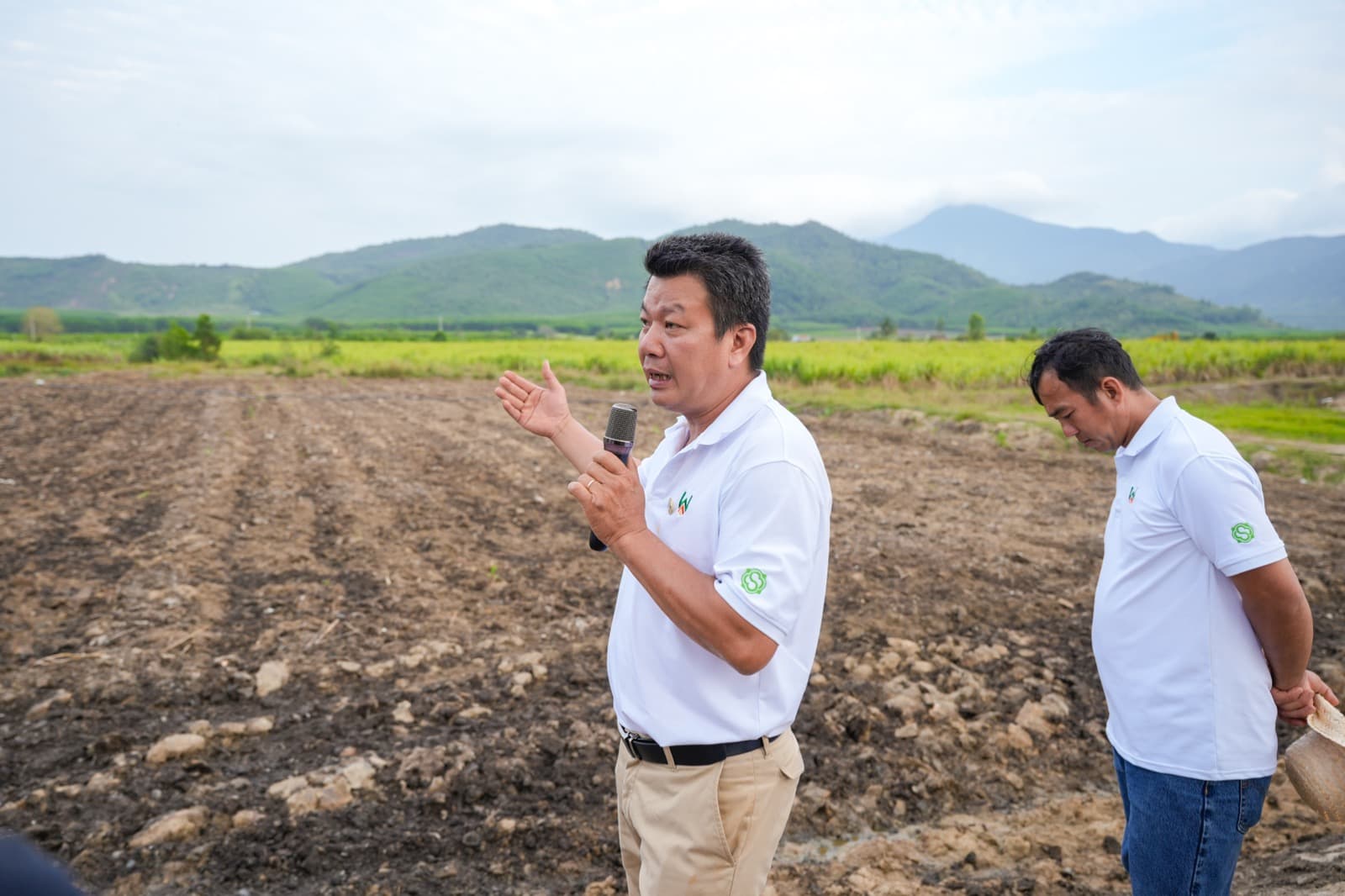 Nguyễn Minh Thành trên cánh đồng Sản Việt Farm với núi xanh phía sau