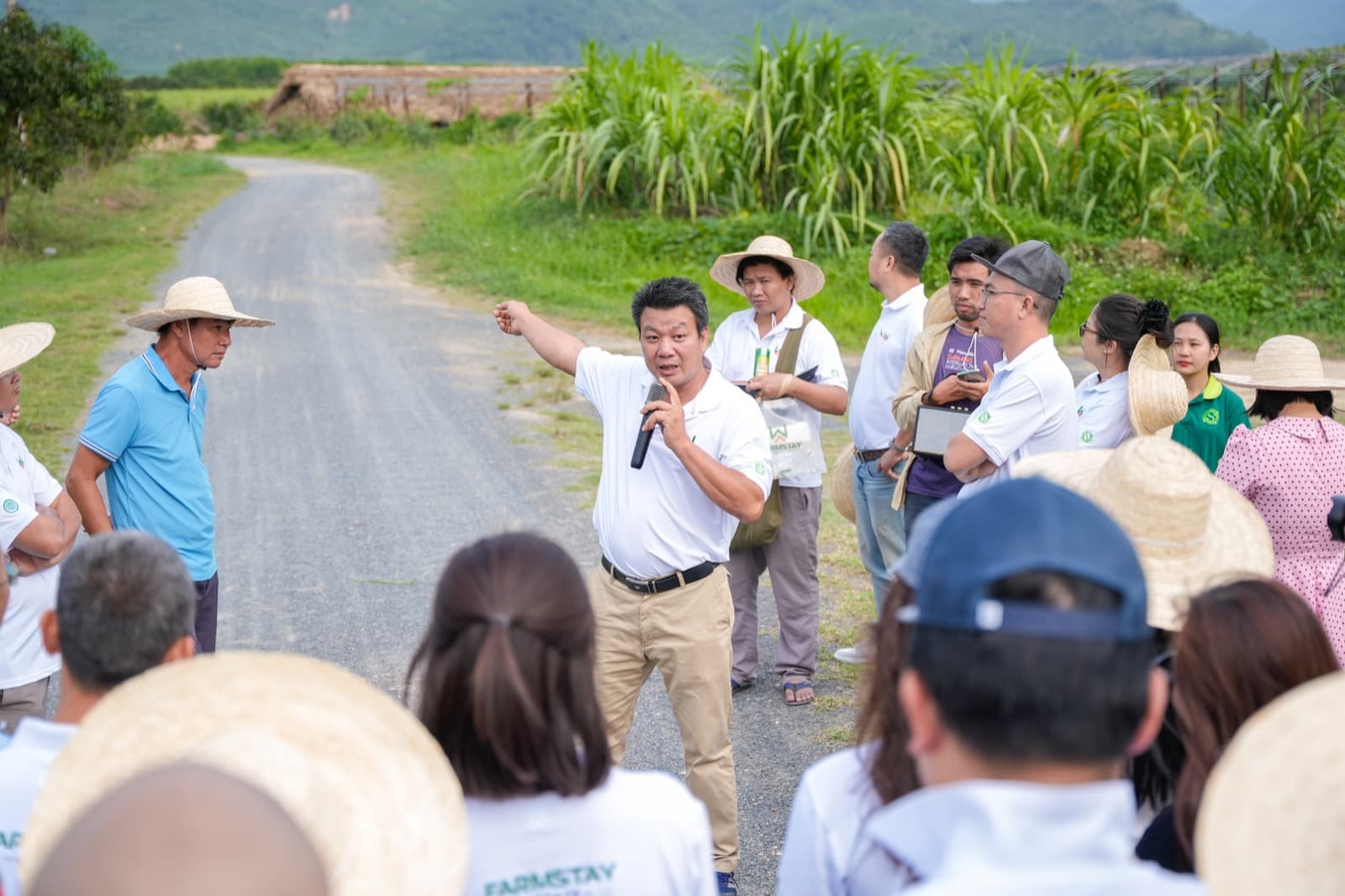Nguyễn Minh Thành dẫn đoàn tham quan trên cánh đồng Sản Việt Farm